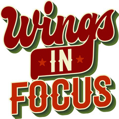 Wings In Focus.  Groovy script typography, complemented by decorative stars and accents. lettering design for birdwatching concept. Color palette features warm reds, creamy whites, and earthy greens