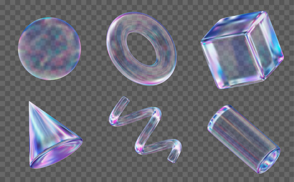 3d set glass transparent holographic geometric shape: square, cylinder, sphere, torus, cone, spiral. Simple neon figures with grid for your design. Stock vector illustration on isolated background.