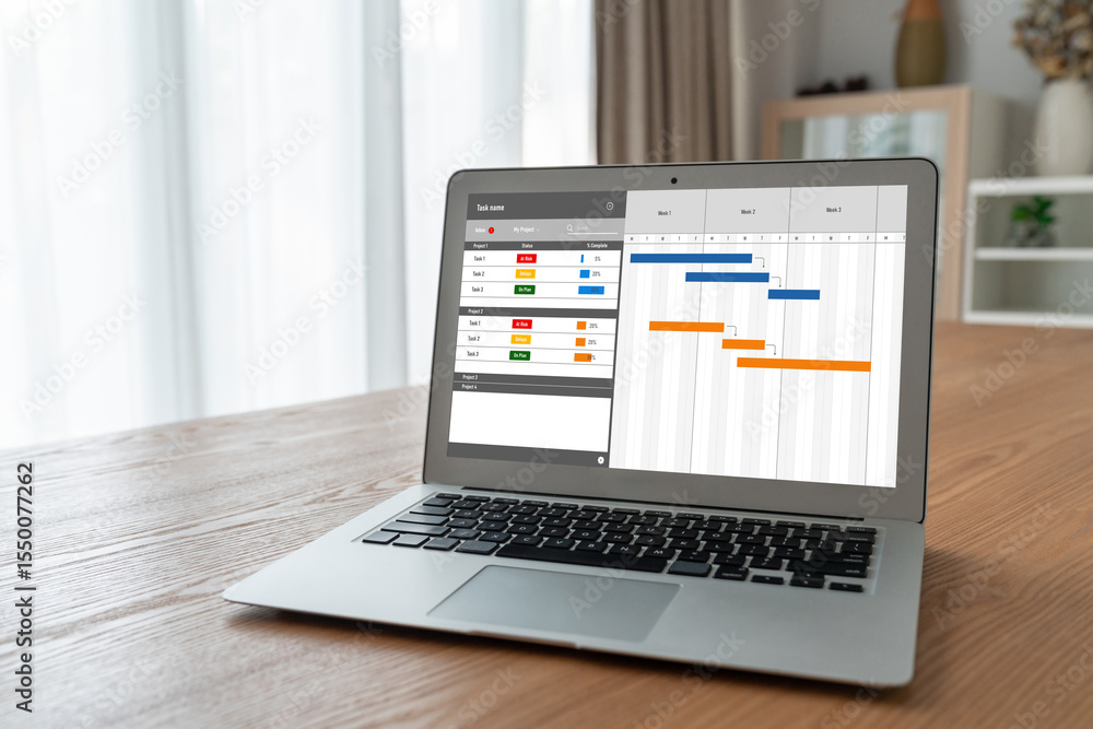 Poster project planning software for modish business project management on the computer screen showing time