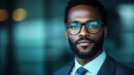 Obraz premium A handsome man dressed in a stylish suit and glasses stands confidently, embodying professionalism in a contemporary business environment.