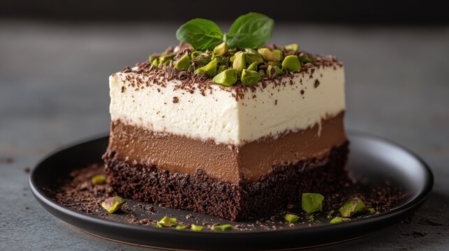 A luxurious layered chocolate dessert topped with nuts and herbs takes center stage on a black plate, appealing to indulgent dessert lovers.