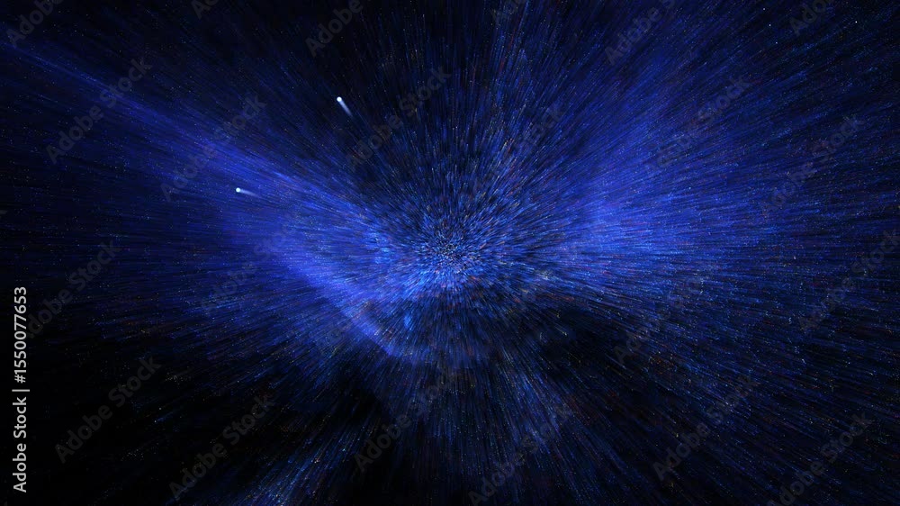Poster abstract 3d render of a vibrant blue particle field exploding outwards in dark space. dynamic digita