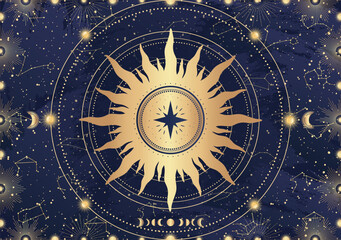 Card of mystical Sun, Moon, crescent, star, sunburst, night sky. Constellation galaxy celestial space. Spiritual zodiac horoscope, astrology sign, astronomy symbol. Magic vector illustration on blue