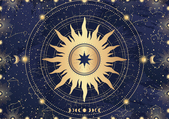 Card of mystical Sun, Moon, crescent, star, sunburst, night sky. Constellation galaxy celestial space. Spiritual zodiac horoscope, astrology sign, astronomy symbol. Magic vector illustration on blue