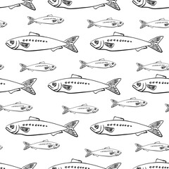 Seamless pattern with hand drawn sardine fish in black. Ideal for seafood packaging, kitchen textiles, restaurant branding, wrapping paper, or retro nautical-themed designs