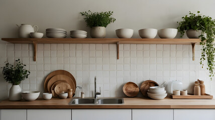 Scandinavian Kitchen Wall with Shelves and Plants – Minimalist Background