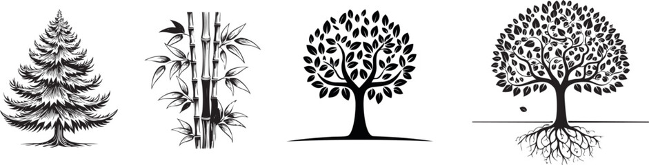 Four stylized trees: conifer, bamboo, deciduous tree, and tree with visible roots.  Each is depicted in a minimalist black and white style.