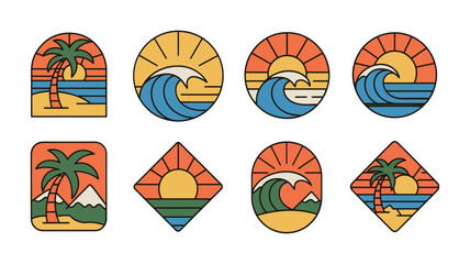 Summer Beach Landscape Badges Set - Tropical Sunset Ocean Waves Icons/ Summer, Beach, Landscape, Badges, Set, Tropical, Sunset, Ocean, Waves, Icons, Sun, Palm, Trees, Island, Mountain