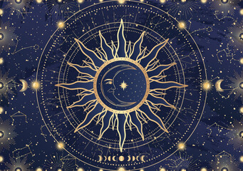 Card of mystical Moon with face, Sun, crescent, star, sunburst, night sky. Constellation galaxy celestial space. Spiritual zodiac horoscope, astrology sign, astronomy symbol. Magic vector illustration