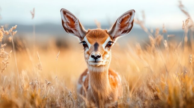 A young deer looks directly at the camera while nestled in a grassy field, symbolizing innocence, beauty, and the tranquility of nature in a serene landscape. - Powered by Adobe