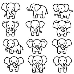 Various cute elephant icon lines