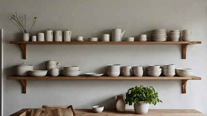 Scandinavian Kitchen Wall with Shelves and Plants – Minimalist Background