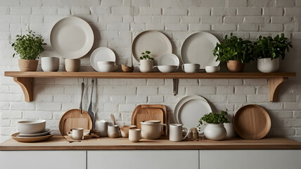 Scandinavian Kitchen Wall with Shelves and Plants – Minimalist Background