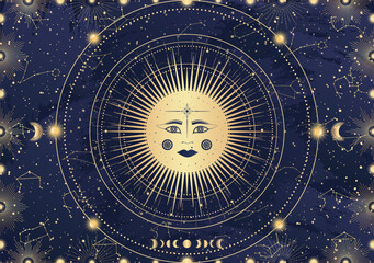 Card of mystical Sun with face, Moon, crescent, star, sunburst, night sky. Constellation galaxy celestial space. Spiritual zodiac horoscope, astrology sign, astronomy symbol. Magic vector illustration
