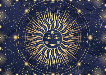 Card of mystical Sun with face, Moon, crescent, star, sunburst, night sky. Constellation galaxy celestial space. Spiritual zodiac horoscope, astrology sign, astronomy symbol. Magic vector illustration