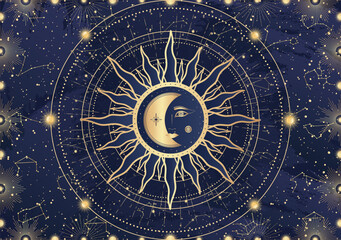 Card of mystical Sun Moon with face, crescent, star, sunburst, night sky. Constellation galaxy celestial space. Spiritual zodiac horoscope, astrology sign, astronomy symbol. Magic vector illustration