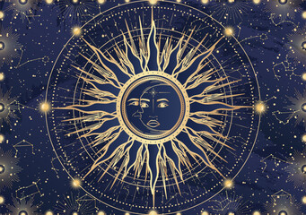Card of mystical Sun Moon with face, crescent, star, sunburst, night sky. Constellation galaxy celestial space. Spiritual zodiac horoscope, astrology sign, astronomy symbol. Magic vector illustration