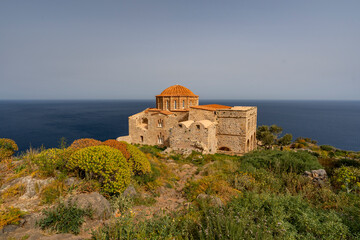 Grecee, Laconia, Monemvasia island - 1 April 2024 - The Orthodox church at the fortress overlooking the island of Monemvasia