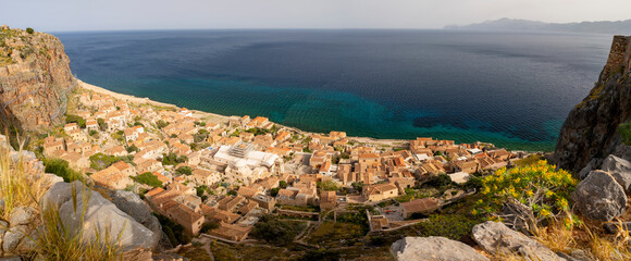 Grecee, Laconia, Monemvasia island - 1 April 2024 - Panoramic view of the town of Monemvasia from the fortress overlooking it