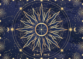Card of mystical Sun, Moon, crescent, star, sunburst, night sky. Constellation galaxy celestial space. Spiritual zodiac horoscope, astrology sign, astronomy symbol. Magic vector illustration on blue