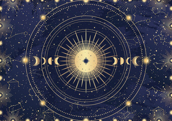 Card of mystical Sun, Moon, crescent, star, sunburst, night sky. Constellation galaxy celestial space. Spiritual zodiac horoscope, astrology sign, astronomy symbol. Magic vector illustration on blue