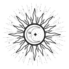 Hand drawn mystical Moon with face, Sun, crescent, star. Spiritual celestial space, astrology sign, astronomy symbol. Magic talisman, antique style, vintage, boho, tarot. Vector outline illustration