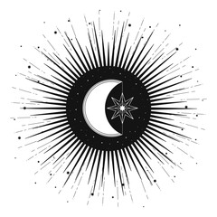 Hand drawn mystical Sun and Moon, crescent, star. Spiritual celestial space, astrology sign, astronomy symbol. Magic talisman, antique style, vintage, boho, tarot. Vector outline illustration