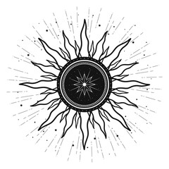 Hand drawn mystical Sun, sunburst, sun rays, stars. Spiritual celestial space, astrology sign, astronomy symbol. Magic talisman, antique style, vintage, boho, tarot. Vector outline illustration