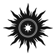 Hand drawn mystical Sun, sun rays, stars. Spiritual celestial space, astrology sign, astronomy symbol. Magic talisman, antique style, vintage, boho, tarot. Vector outline illustration
