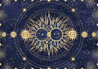 Card of mystical Sun Moon with face, crescent, star, sunburst, night sky. Constellation galaxy celestial space. Spiritual zodiac horoscope, astrology sign, astronomy symbol. Magic vector illustration