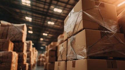 A dynamic image showcasing an organized warehouse with stacks of boxes, representing efficiency and the importance of logistics in contemporary industrial settings.