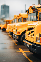 A row of yellow school buses are parked in a lot