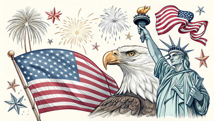 Patriotic american symbols illustration for independence day july fourth celebration design element