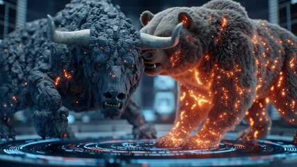 A fiery bear and a molten bull fiercely face off in a glowing, high-tech arena, symbolizing intense competition.