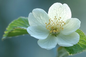 Macro shot of a white, delicate, blooming flower with bright yellow stamens. Use this stunning image to capture the essence of spring, growth, and beauty.