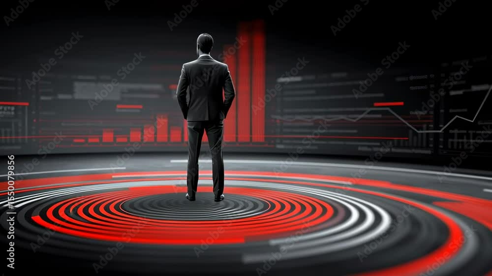 Poster a businessman stands on a futuristic circular platform, analyzing dynamic red and white digital grap