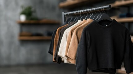 Naklejka premium A collection of stylish, contemporary sweaters is elegantly displayed on a sleek hanger rack, emphasizing fashion trends in a minimalist clothing store context.