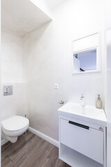 Bright Elegant Modern Luxury Scandinavian Bathroom Interior Design of Bathroom. LED Lights. WC, White Sink. Soap Bottle