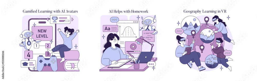 Poster gamified learning and ai homework assistance vector set