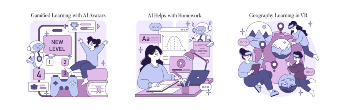 Gamified Learning and AI Homework Assistance Vector Set