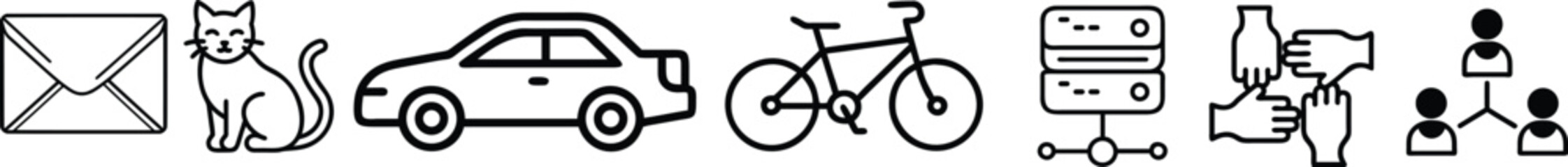 Essential Minimal Line Icon Set – Email, Cat, Car, Bicycle, Server, Teamwork