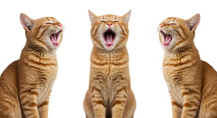 Three Orange Cats Yawning on a White Background