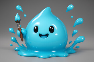 Cute Blue Paint Blob Character with Brush on Grey Background
