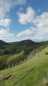 Green valley landscape with white clouds and blue sky