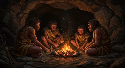 Prehistoric Cave Dwellers Gathered Around a Fire for Warmth and Community in the Stone Age
