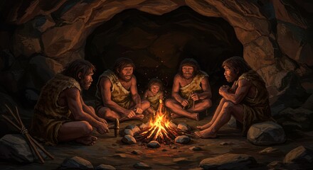 Prehistoric Cave Dwellers Gathered Around a Fire for Warmth and Community in the Stone Age