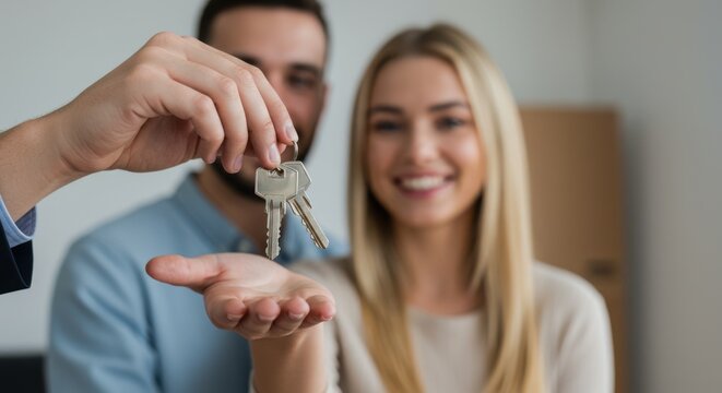 Happy Young Couple Receiving Keys to Their New Home from a Real Estate Agent, Marking a Homeownership Milestone