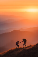 People helping each other hike up a mountain at sunrise. Giving a helping hand, and active fit lifestyle concept.Asia couple hiking help each other.
