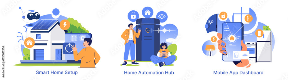 Poster smart home automation illustrations with user interaction