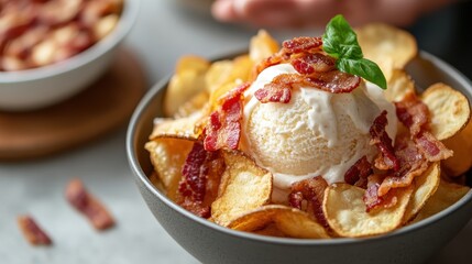 A unique dessert featuring a bowl of creamy ice cream topped with crispy bacon and potato chips, blending sweet and savory flavors for a delightful treat.